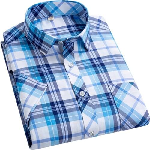 Aoliwen brand 2021 Summer Short Sleeve Mens Striped lattice Casual Shirt plain leisure Comfortable regular Fit dress shirts