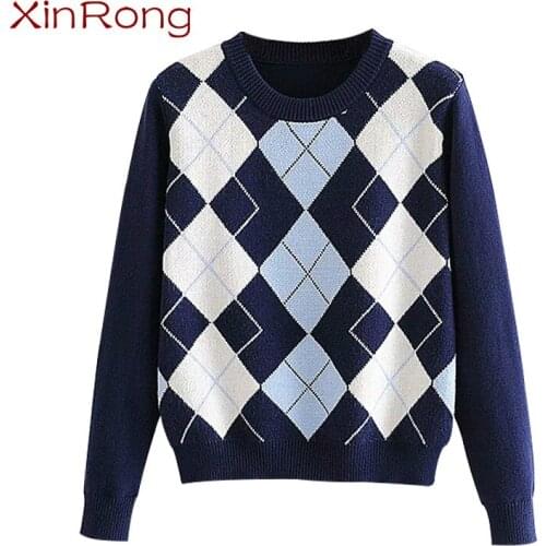 2021 new ladies spring sweater pullover fashion diamond plaid ladies all-match pullover sweater cute British style sweater top