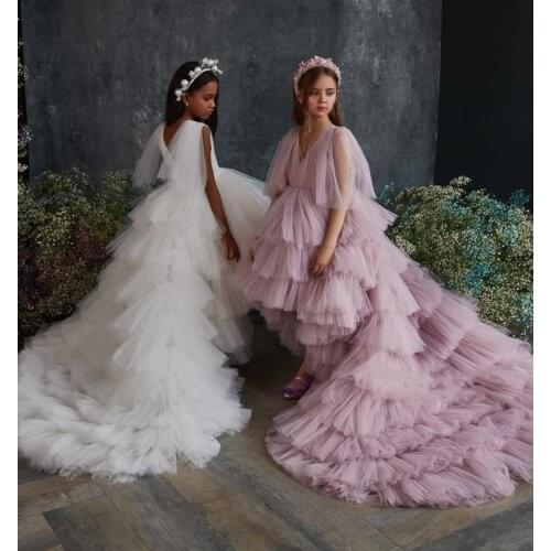 New Coming Flower Girl Dress Wedding Party High Low Puffy Tulle First Communion Dress Kids Pageant Gown Size 1-14Y