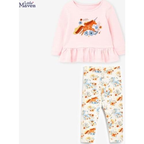 Baby Girls Fall Clothes Autumn Children Set Cotton Two Pieces Suit Toddler Girl Pink Flower Unicorn Shirt + Print Pants 2-7y
