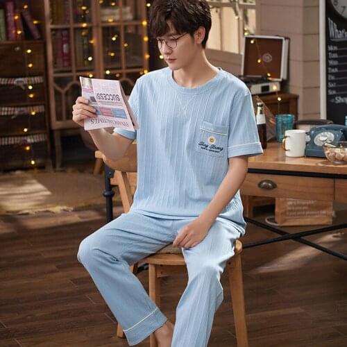 Freshing Light Blue Pajamas Set For Man Summer Cotton Mens Pajamas Plus Size Loose Homewear Casual Short Sleeve Male Sleepwear