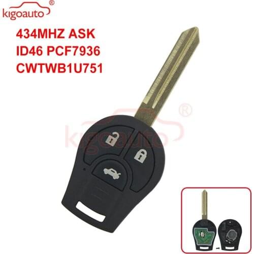 Kigoauto CWTWB1U761 Remote key 3 button 434MHZ ASK ID46 PCF7936 CWTWB1U751 for Nissan Micra Juke Note X-Trail Tidda Almera