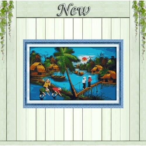 Countryside Labor Vietnam scenery painting counted print on canvas DMC 11CT chinese Cross Stitch Needlework Sets Embroidery kits