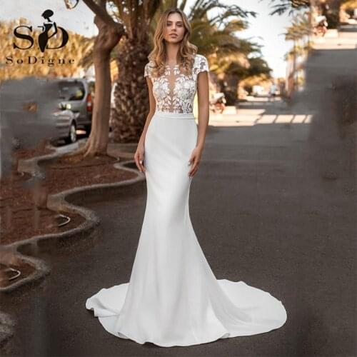 SoDigne Lace Mermaid Wedding Dress Ivory Light Beach Boho Wedding Gowns Bohemian Button Backless Bridal Party Dress