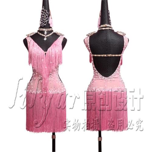 Latin Dance Skirt New Adult Female Performing Dresses Competition Dresses Liusu Skirt Sexy Hollow Barbie Pink