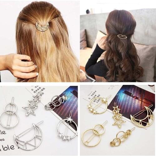 Fashion Women Girls Gold/Silver Plated Metal Triangle Circle Moon Star Hair Clips Metal Circle Hairpins Holder Hair Accessories