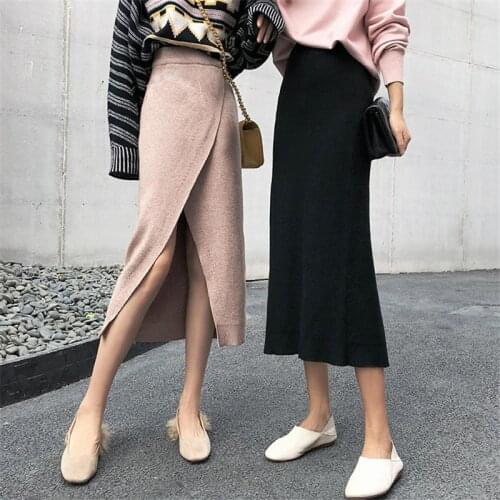 Chic Knitted Solid Women Skirt Spring Korean Casual Elegant High Waist Elasticity Skirt Females Midi Length Office Skirts