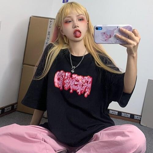 Rose Pink Vintage Hip-Hop Style Female T-Shirt Female 2021 New Summer Ins Graffiti Letters Loose Female Short-Sleeved Shirt