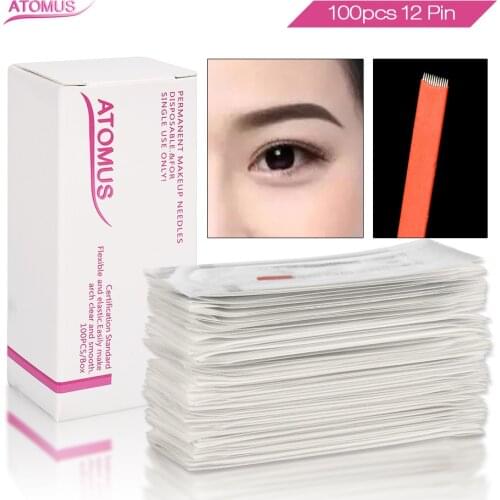 100pcs Flat 12pins Blade Microblading Needles Laminas Para Tebori Permanent Makeup Needles Agulhas Pin Aguja Microblading Ceja