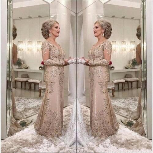2020 Luxury Mother Of The Bride Dresses V Neck Illusion Long Sleeves Crystal Beaded Mermaid Party Evening Wedding