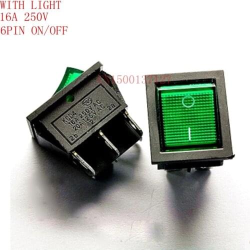 5pcs 6PIN ON/OFF Rocker Switch 16A250V with light green light push button best quality rocker switch