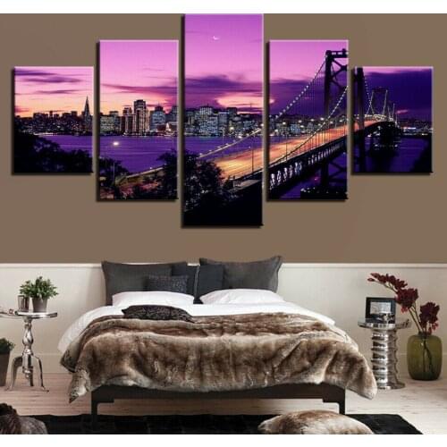 No Framed Golden Gate Bridge Purple Sunset 5 Pcs Canvas Picture Print Wall Art Canvas Painting Wall Decor for Living Room