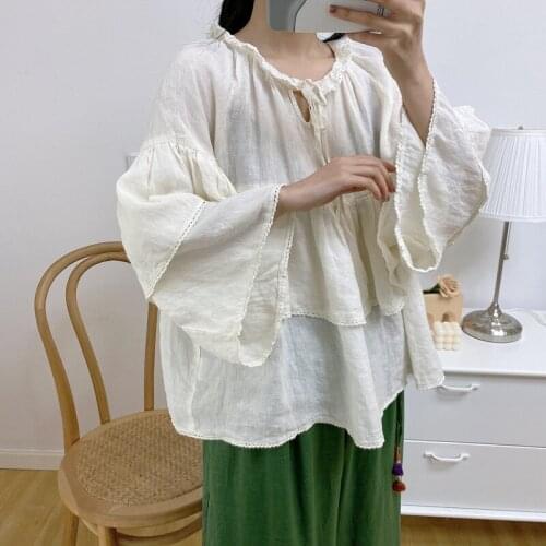 FairyNatural Ladies New Retro Doll Ruffles Linen Shirts 2021 Summer Solid Color Mori Girls Loose Lace Up Blouses Vintage