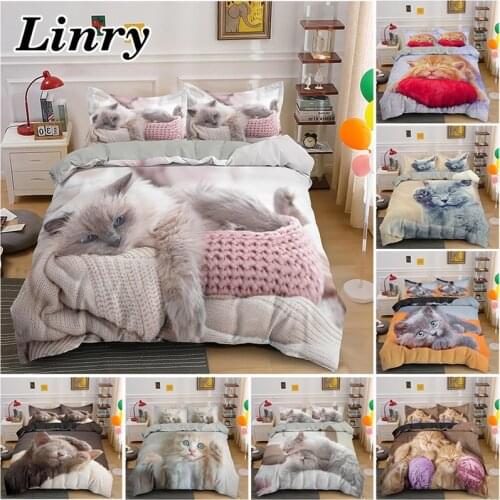 Lovely Sleeping Cat Bedding Set Soft Duvet Cover Set With Pillowcase for Kids Adults 2/3pcs Pet Animal Bedclothes 14 Sizes
