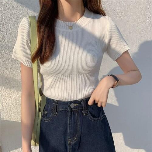 Korean version2021 Spring summer new Short sleeve Cashmere sweater womens O-neck knit bottoming shirt female pullover top