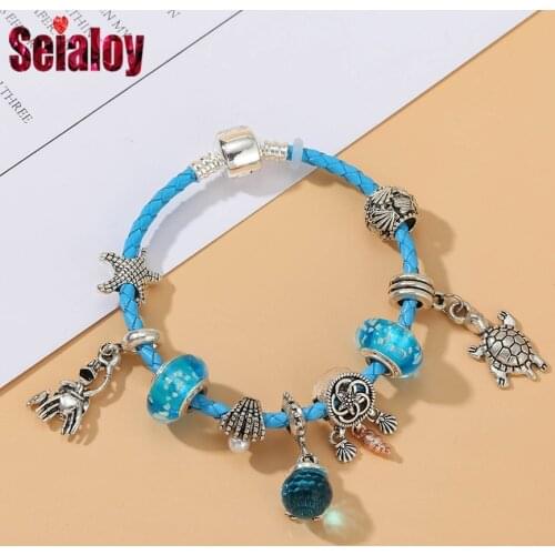 Seialoy Summer Mens Cyan Leather Bracelets Crystal Bead Sea Turtle Pendant Starfish Sea Turtle Beads Charm Weave Bracelet Gift