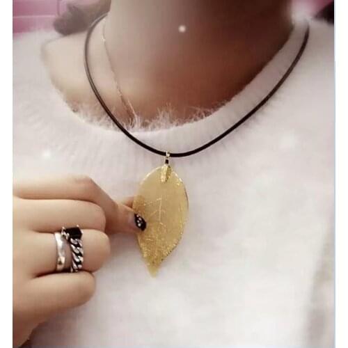 Fashion necklace Gold-color Natural Leaf Pendant Necklace for Women Vintage Long Chain Maxi Necklace Jewelry Boho Chic bijoux