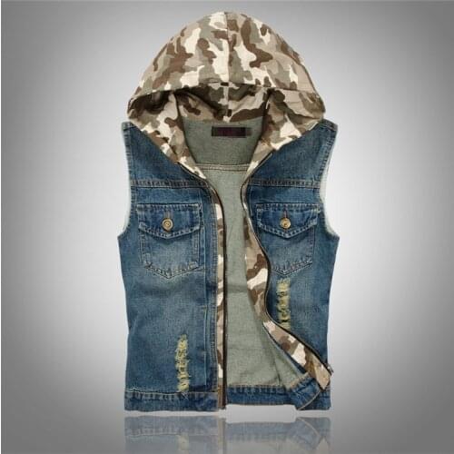 2019 Spring Mens Denim Vests Casual Jeans Hooded Jackets Camouflage Sleeveless Coats Waistcoat Mens Brand Clothing