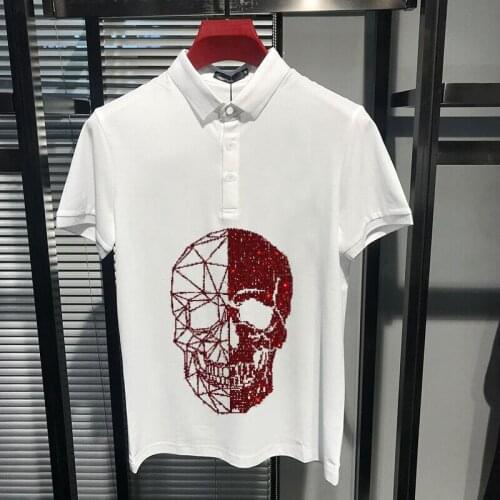 Mens Street Polo Short-Sleeved Shirt High Quality Comfortable Skull Rhinestone Clothing Party Variety Lapel Quick Delivery