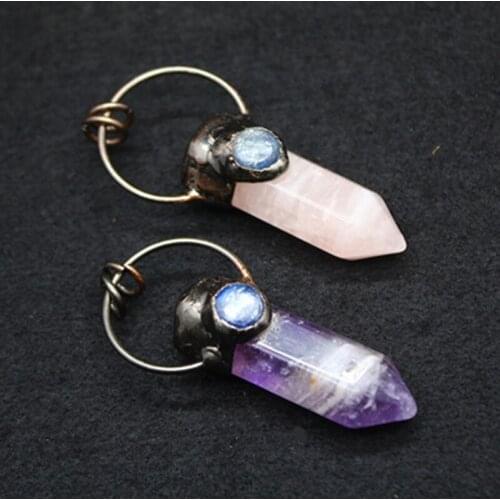 New Arrival 1pc Natural Amethystss Hexagonal Vintage Stone Pendant Antique Copper Aquamarines Bead Paved BOHO Crystal Necklace