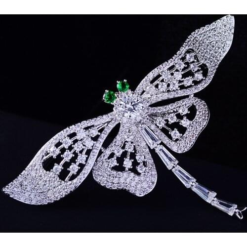 Okily AAA Zircon Dragonfly Brooches Pin Copper Insect Brooch with Green Crystal for Women Scarf Pin Suit Corsage Accessories