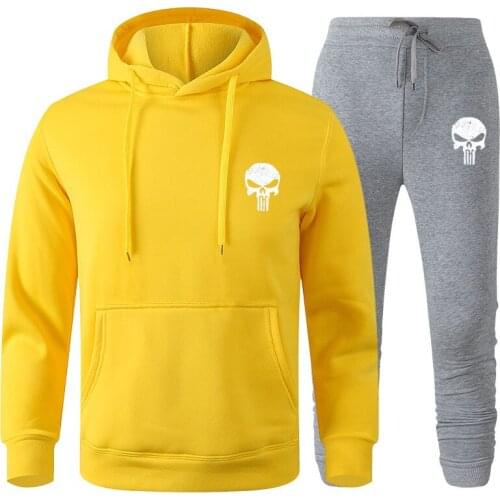Autumn and winter mens printed Fleece Pullover Hoodie set mens casual hooded Street Sweatshirt skull Harajuku mens fashion sp