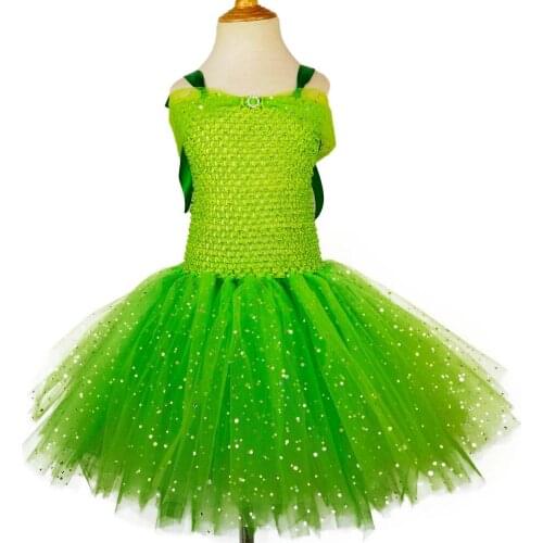 Girls Green Glitter Fairy Tutu Dress Kids Crochet Flower Sparkled Tulle Dress Ball Gown Children Christmas Party Costume Dresses