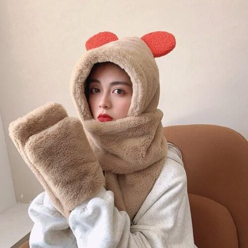 Sweet Cute Bear Ears Plush Hat Scarf Birthday Gift Super Soft Ear Protectionf Gloves Windproof Neck Scarf & Gloves Set