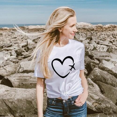 Travel Plane Love Heart Summer Graphic Tees Women Short Sleeve Holiday T-shirt Casual Tumblr Female Clothes Tops Ropa De Mujer