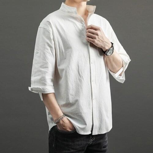 Large Size Loose Men Shirt Linen Shirt Man Three-Quarter Sleeve Men Casual Top Chinese Style Shirt Leisure Clothing Male Outfit