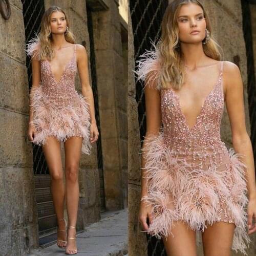 Light Pink Cocktail Dresses Sequined Beads Luxury Feather Deep V Neck Short Party Dress Chic Homecoming Formal Gowns Custom Made