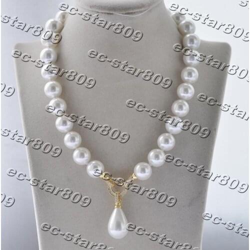 Z11319 17" White Round South Sea Shell Pearl Necklace Drop Pendant Women Fasion Jewelry