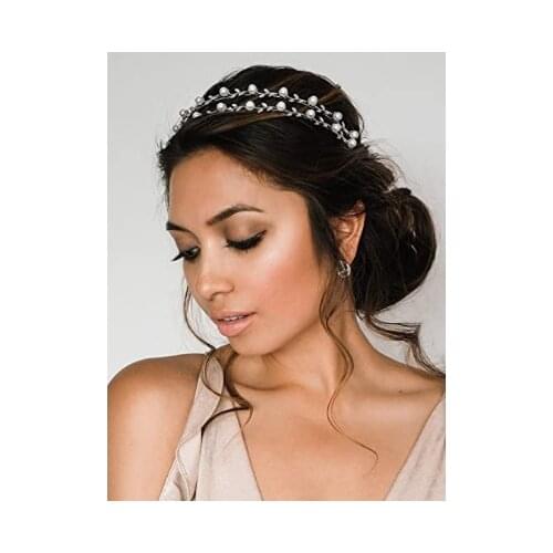 SWEETV Pearl Wedding Headband Silver Double Band Bridal Headpieces Crystal Tiara Women Hair Accessories for Women