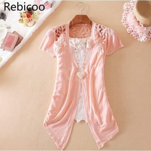 New Fashion Women Short Sleeve Lace Sweet Candy Color Leisure Crochet Knit Casual Blouse Cardigan Sweater Fast Shipping