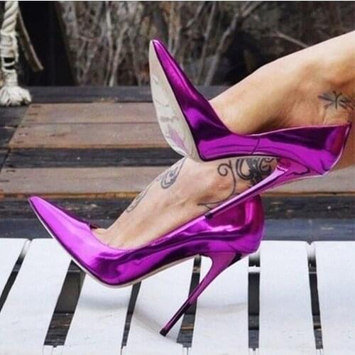 Glossy High Heel Pumps Woman Heel 12 CM Mirror Leather Pointed Toe Stiletto Shoes Shallow Female+shoes Party Club Wedding