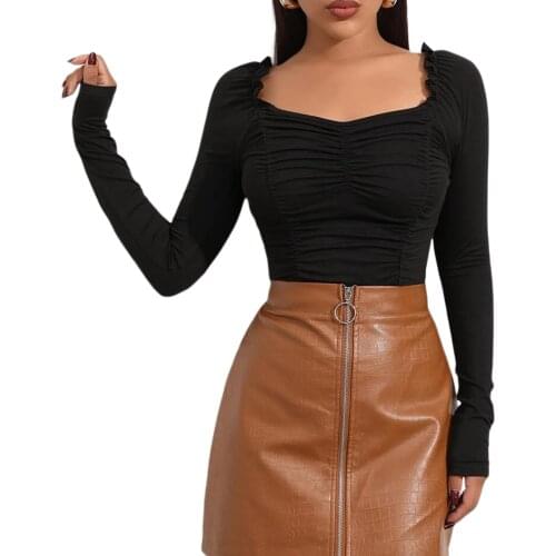 Womens Long Sleeve Tops, Fashion Sexy Solid Color Frill Trim Ruched Front Slim Fit T-Shirts