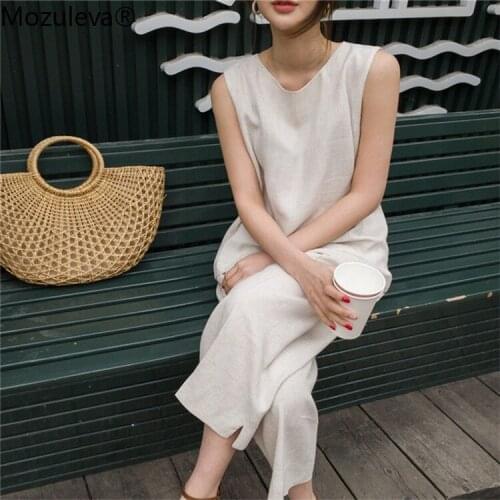 Mozuleva 2020 New Summer Women Sets 2 Piece Ankle-Length Wide Pants Elastic Waist Cotton and Linen Split Pockets Suit femme