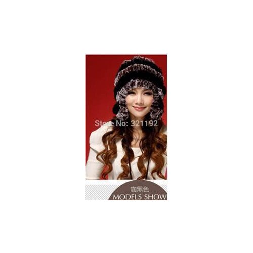 Women Winter Free Size Ear Fur Beret Stripes Hat Thick Hand-knitted Rabbit Pineapple Rex Rabbit Fur Caps T01