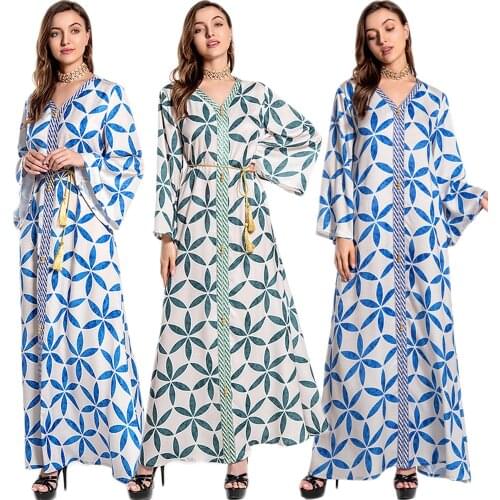 Muslim Abaya Dubai Kaftan Print Long Maxi Dress Moroccan Gown Eid Ramadan Abayas Caftan Islamic Clothing Robe Jalabiya Moroccan