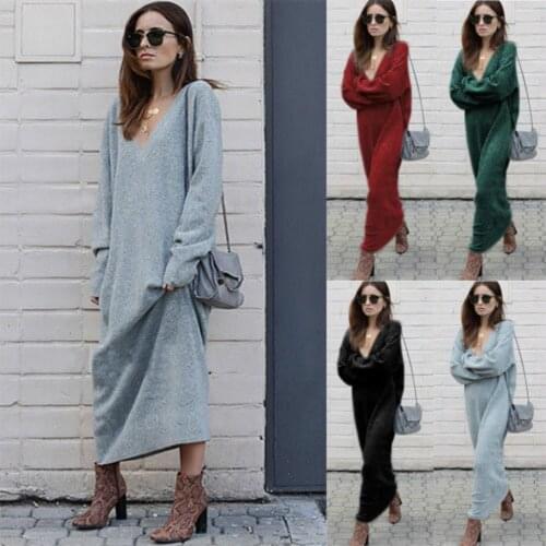 Women winter maxi dress long sleeve V neck gray green black wine red female clothing