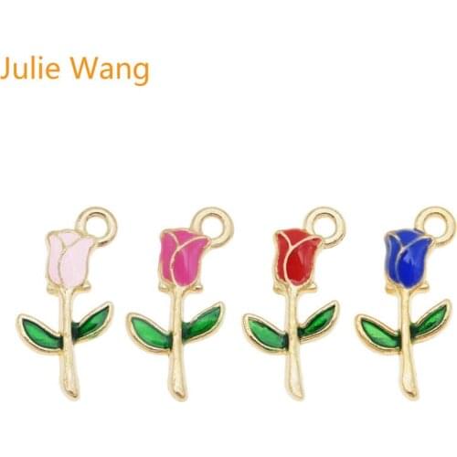 Julie Wang 4PCS Enamel Rose Charms Flowers Pink Red Blue Alloy Gold Tone Necklace Bracelet Earrings Jewelry Making Accessory