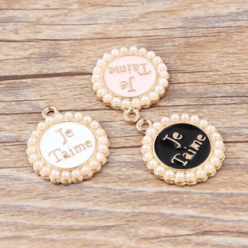 10pcs/Lot 20*23MM Round Enamel Alloy Jewelry Pearl Paved Charms Franch Letters Printing Oil Drop Necklace Earring Pendants