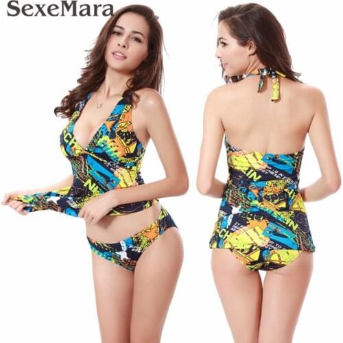 2018 Design Vintage two piece swimsuit tie up V neck Removable Pad SwimWear Large size Women Swimwear Tankini Bikini Set XXL