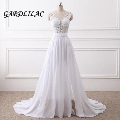 2019 White Beach Wedding dresses Top See Though Lace Appliques Women Plus Size for Wedding Wedding Party Dress Bridal Gown G053