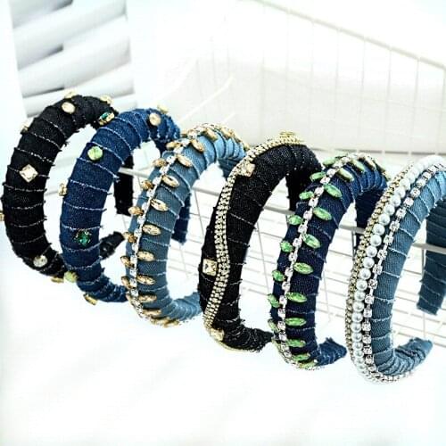 2020 Cool Women Denim Fabric Hair Hoop Solid Color Chain Hairband Girl Pearls Twisted Sponge Headband Fashion Hair Accessories