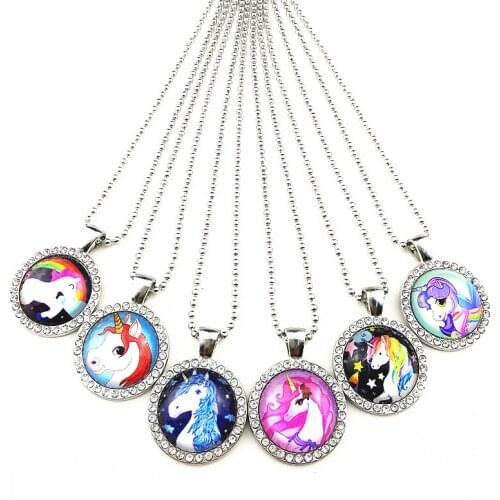 24pcs/lot Cartoon necklace Unicorn rhinestone pendant Ancient silver torque sweater chain for girl best gift