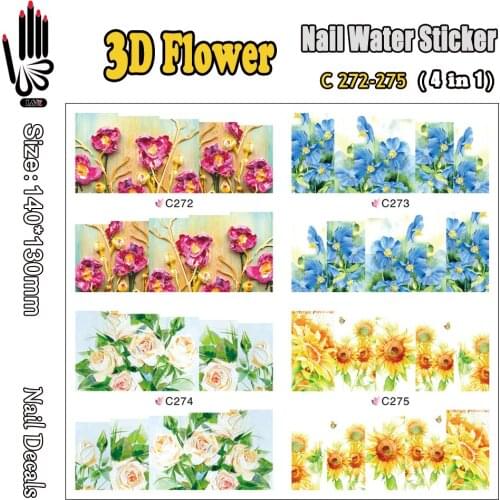 4 Sheets/Lot Design Nail C272-275 3D Flower Nail Art Transfer Water Sticker Decal for Nail Art Decorations(4 DESIGNS IN 1)
