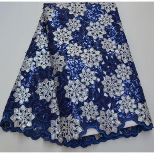 5yards/pc) high quality handcut African organza lace fabric with lots of roya blue and white sequins embroidery for dress OP31