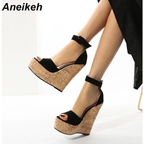 Aneikeh 2020 Summer Fashion Flock Women Shoe Peep Toe Ankle Strap Thin Heels Slip-On Nightclub Party Sandals Pumps Size 35-42