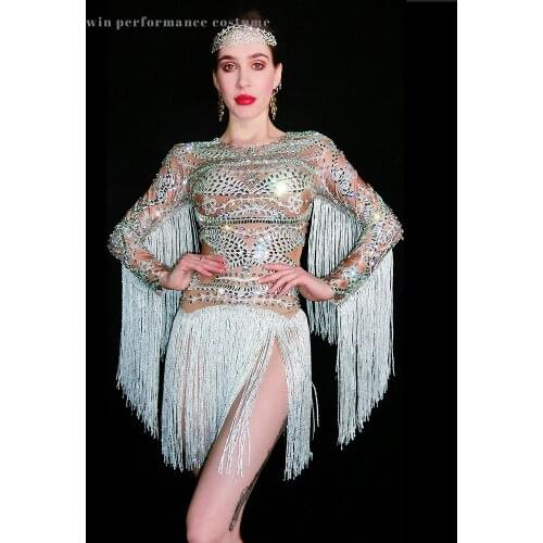Flashing Silver Rhinestones Costume Fringes Dress Stage ClothingWomens Birthday Prom Celebrate Outfit Bar Evening Women Dancer